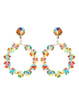 TRIBAL ZONE - Multi-Color Beaded Flower Hoop Earrings