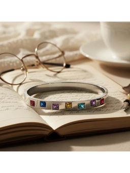 TRIBAL ZONE - Silver Multi-Color Square Gemstone Bangle