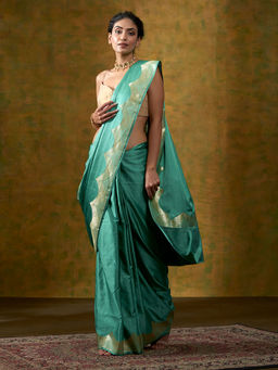 WeaverStory - Green Handloom Plain Satin Saree with Zari Border