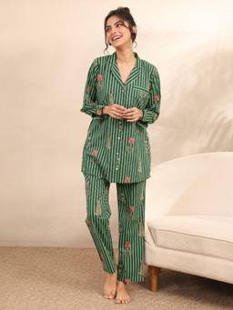 Libas - Green Striped Printed Shirt with Trouser