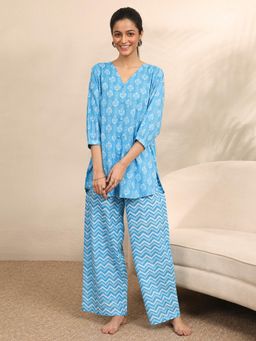 Libas - Blue Ethnic Motif Printed Kurti with Chevron Palazzo