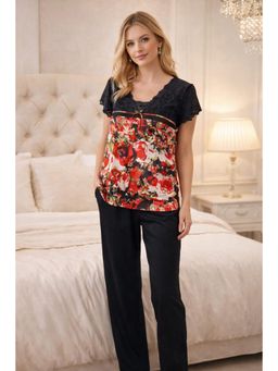 Private Lives - Printed Satin With Black Lace Elegance Top And Pyjama