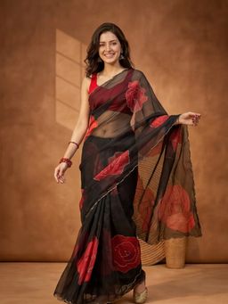 Jaipur Kurti - Black Organza Floral Saree With Unstitched Blouse