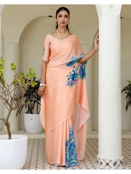 SATRANI - Women Light Peach Printed Satin Saree With Unstitched Blouse