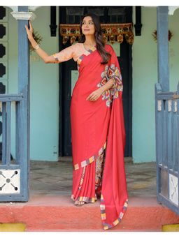 SATRANI - Women Red Printed Satin Saree With Unstitched Blouse