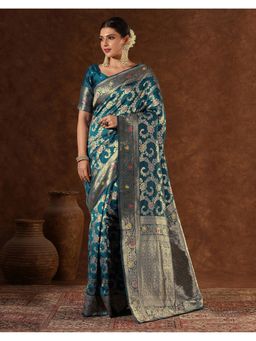 SATRANI - Women Rama Blue Woven Silk Saree With Unstitched Blouse