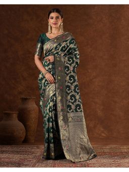 SATRANI - Women Rama Green Woven Silk Saree With Unstitched Blouse