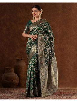 SATRANI - Women Green Woven Silk Saree With Unstitched Blouse