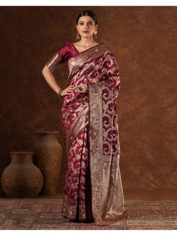 SATRANI - Women Maroon Woven Silk Saree With Unstitched Blouse