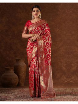 SATRANI - Women Red Woven Silk Saree With Unstitched Blouse