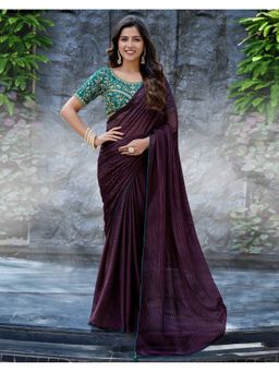 SATRANI - Women Wine Zari Stripes and Tassels Georgette Saree With Unstitched Blouse