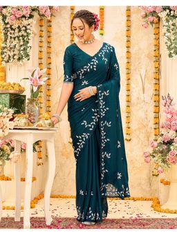 SATRANI - Women Blue Embroidery Georgette Saree With Unstitched Blouse