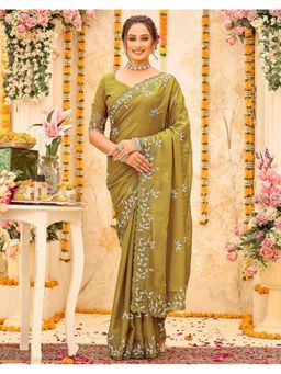 SATRANI - Women Mustard Embroidery Georgette Saree With Unstitched Blouse