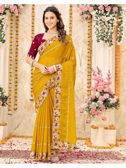 SATRANI - Women Mustard Yellow Embroidery Georgette Saree With Unstitched Blouse