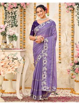 SATRANI - Women Purple Embroidery and Scalloped Border Shimmer Georgette Saree With Unstitched Blouse