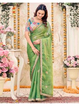SATRANI - Women Green Sequins Embroidery Silk Saree With Unstitched Blouse