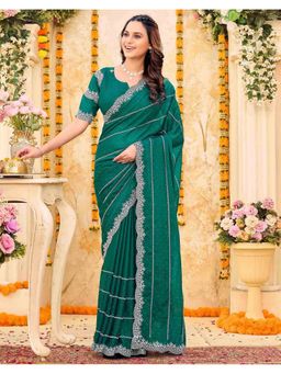SATRANI - Women Teal Green Embroidery and Stone Work Shimmer Georgette Saree With Unstitched Blouse