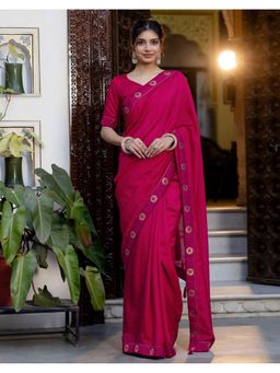 SATRANI - Women Dark Rani Pink Lace and Tassels Silk Saree With Unstitched Blouse