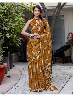 SATRANI - Women Mustard Printed Cotton Saree With Unstitched Blouse
