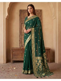 SATRANI - Women Dark Green Foil Printed ,Gota Lace Georgette Saree With Unstitched Blouse