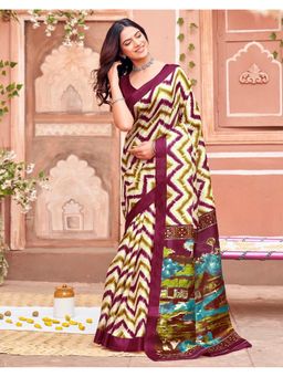 SATRANI - Women Beige Printed Khadi Saree With Unstitched Blouse