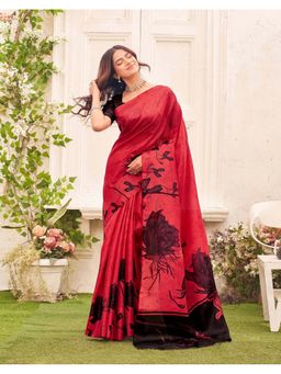 SATRANI - Women Red Printed Khadi Saree With Unstitched Blouse