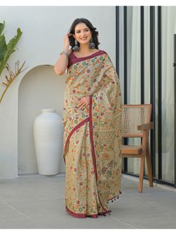 SATRANI - Women Rama Khaki Khadi Saree With Unstitched Blouse