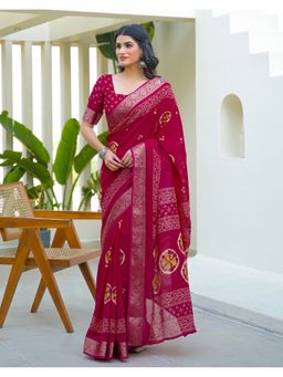 SATRANI - Women Rani Pink Bandhani Printed Georgette Saree With Unstitched Blouse