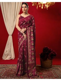 SATRANI - Women Maroon Foil Printed Vichitra Silk Saree With Unstitched Blouse