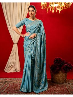 SATRANI - Women Light Blue Foil Printed Vichitra Silk Saree With Unstitched Blouse