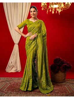 SATRANI - Women Mehndi Green Foil Printed Vichitra Silk Saree With Unstitched Blouse