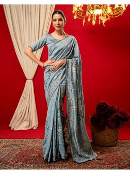 SATRANI - Women Grey Foil Printed Vichitra Silk Saree With Unstitched Blouse