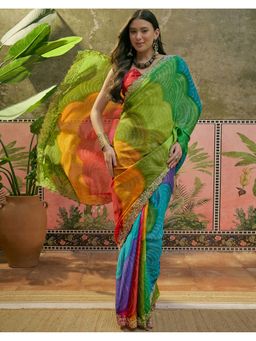 SATRANI - Women Multi Bandhani Printed Chiffon Saree With Unstitched Blouse