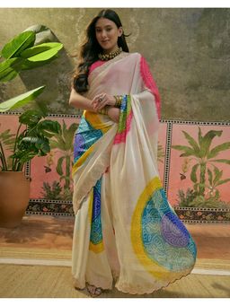 SATRANI - Women Off White Bandhani Printed Chiffon Saree With Unstitched Blouse