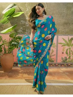 SATRANI - Women Turquoise Blue Bandhani Printed Chiffon Saree With Unstitched Blouse