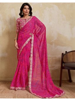 SATRANI - Women Rani Pink Bandhani Printed Georgette Saree With Unstitched Blouse