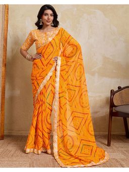 SATRANI - Women Yellow Bandhani Printed Georgette Saree With Unstitched Blouse