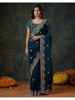 SATRANI - Women Navy Blue Embroidery Tissue Silk Saree With Unstitched Blouse