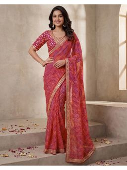 SATRANI - Women Pink Laheriya Printed Georgette Saree With Unstitched Blouse