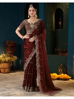 SATRANI - Women Maroon Sequins Embroidery Tissue Satin Saree With Blouse Piece