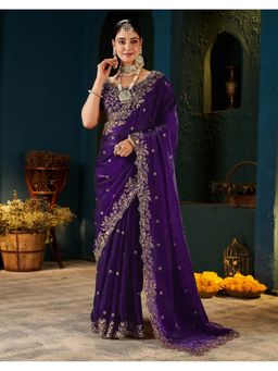 SATRANI - Women Purple Sequins Embroidery Tissue Satin Saree With Blouse Piece