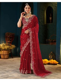 SATRANI - Women Red Sequins Embroidery Tissue Satin Saree With Unstitched Blouse