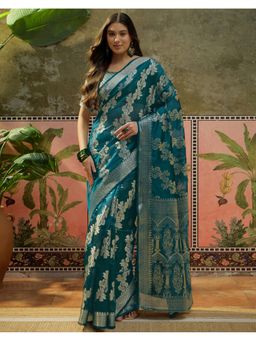 SATRANI - Women Rama Blue Woven Silk Saree With Unstitched Blouse