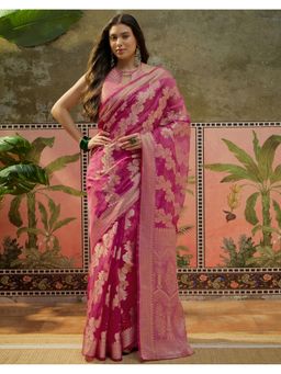 SATRANI - Women Pink Woven Silk Saree With Unstitched Blouse