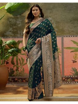 SATRANI - Women Dark Green Woven Silk Saree With Unstitched Blouse