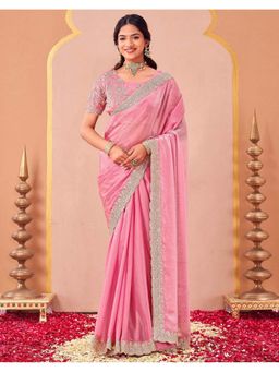 SATRANI - Women Light Pink Sequins Embroidery Tissue Silk Saree With Unstitched Blouse