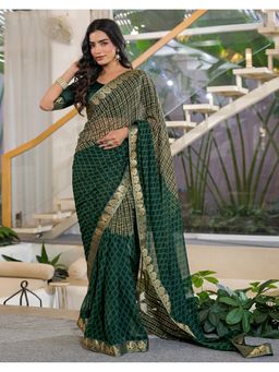 SATRANI - Women Dark Green Printed and Lace Georgette Saree With Unstitched Blouse