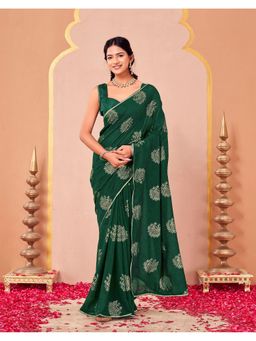 SATRANI - Women Green Foil Printed ,Gota Lace Vichitra Silk Saree With Unstitched Blouse