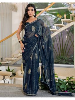 SATRANI - Women Rama Blue Foil Printed Georgette Saree With Unstitched Blouse