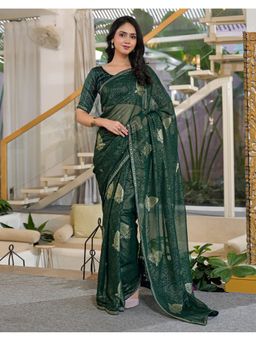 SATRANI - Women Green Foil Printed Georgette Saree With Unstitched Blouse
